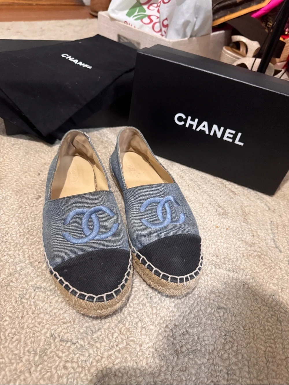 CHANEL Denim Espadrille Flats with Black Cap Toe and Blue CC Logo